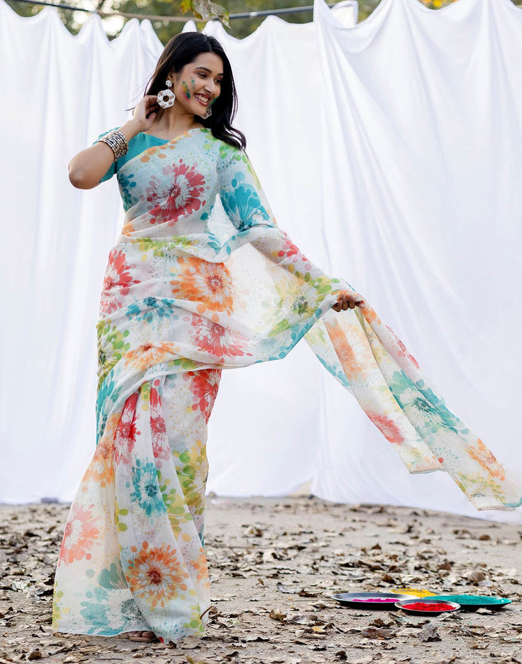 Off White Linen Printed Saree