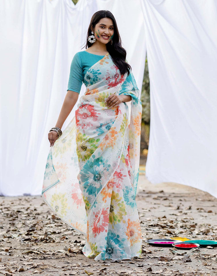 Off White Linen Printed Saree
