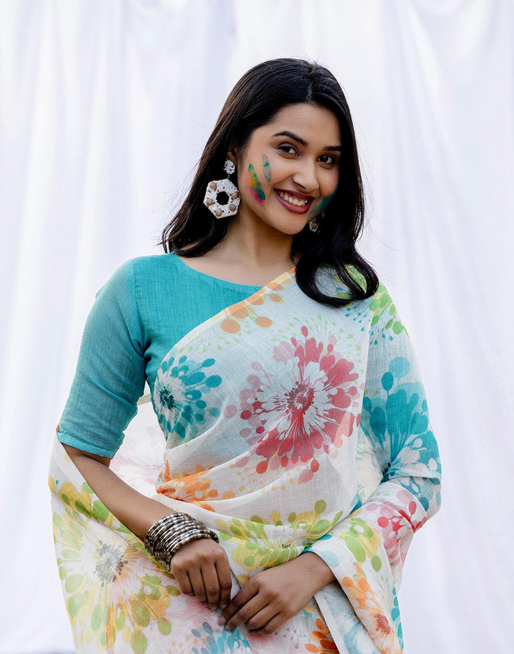 Off White Linen Printed Saree