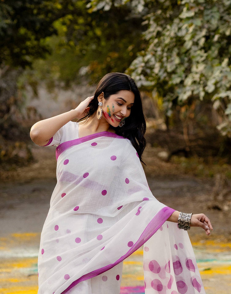 White Linen Printed Saree