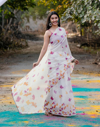 White Linen Printed Saree