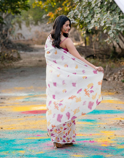 White Linen Printed Saree