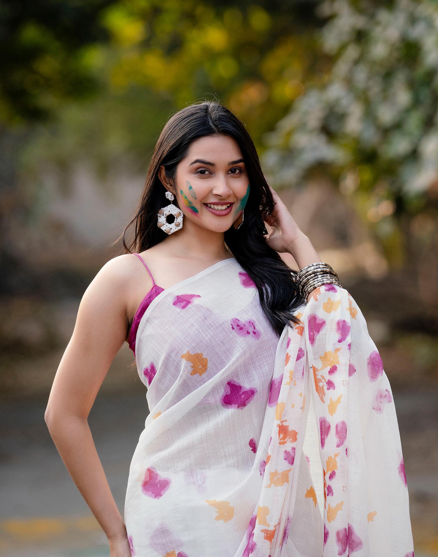 White Linen Printed Saree