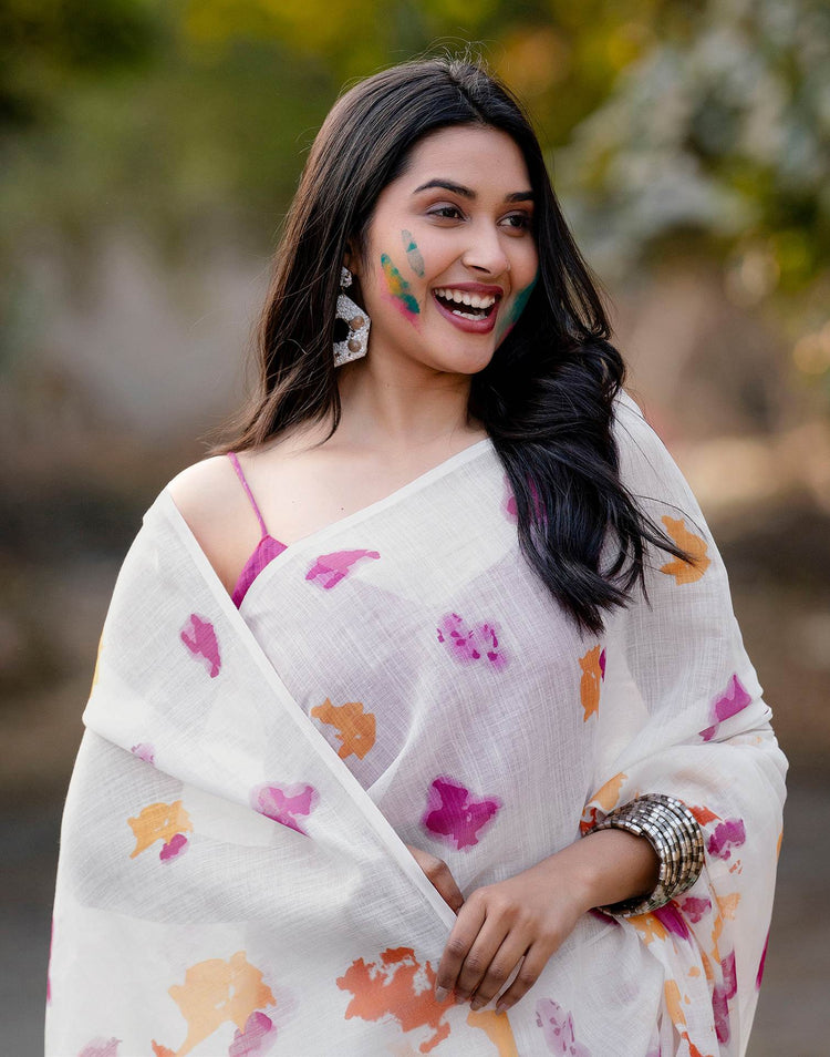 White Linen Printed Saree