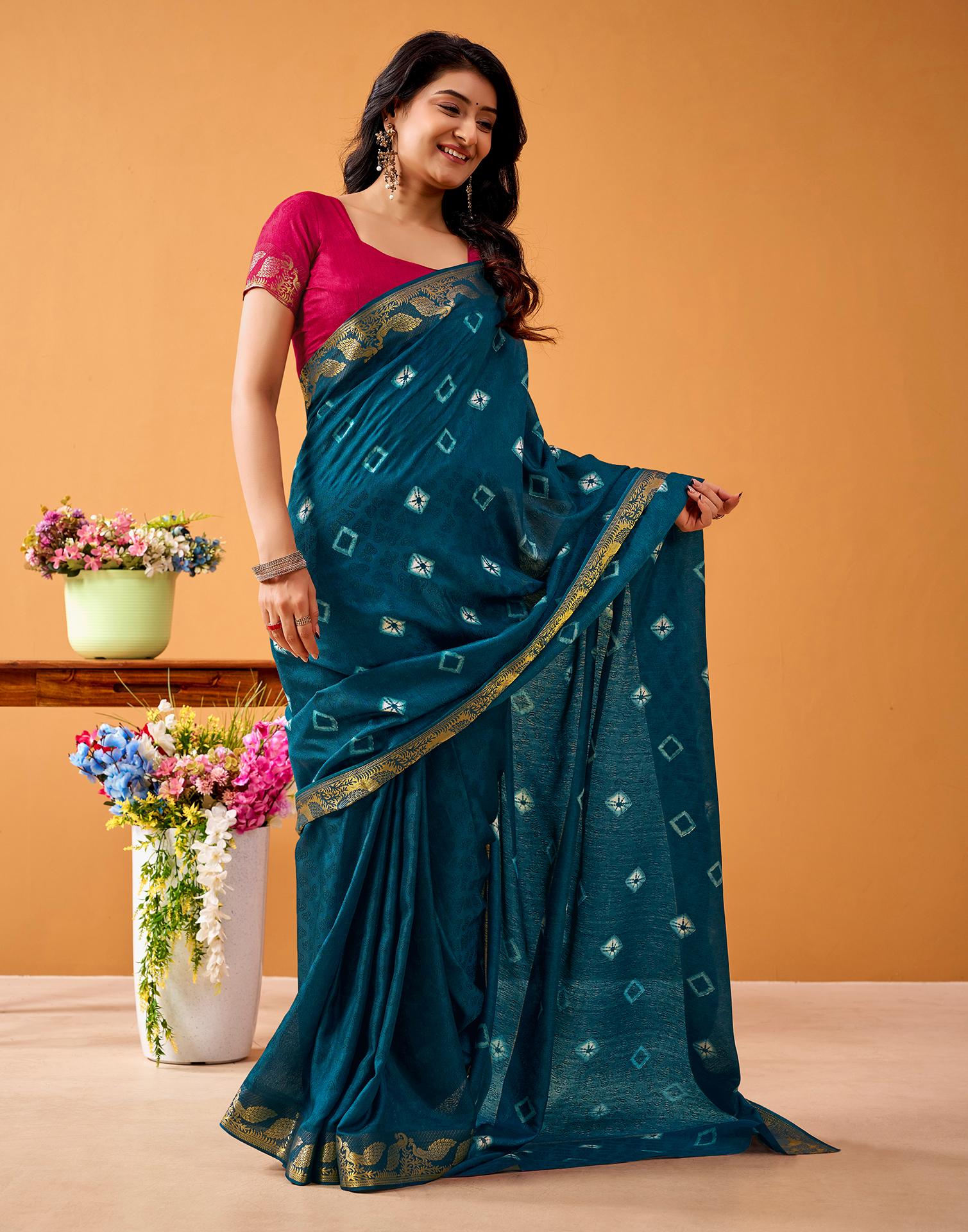 Rama Blue Silk Woven Printed Saree