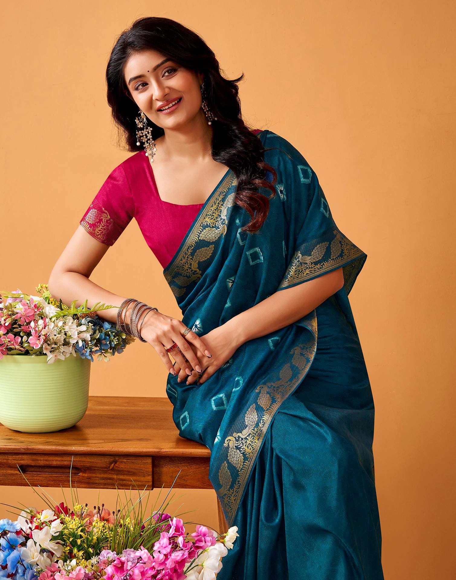 Rama Blue Silk Woven Printed Saree