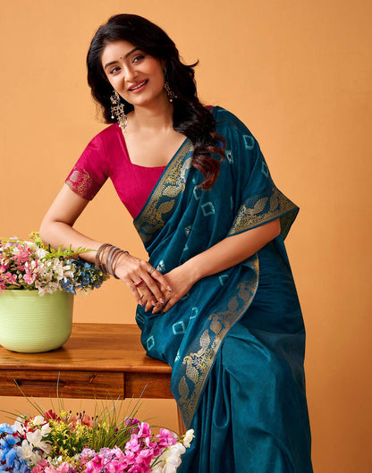 Rama Blue Silk Woven Printed Saree