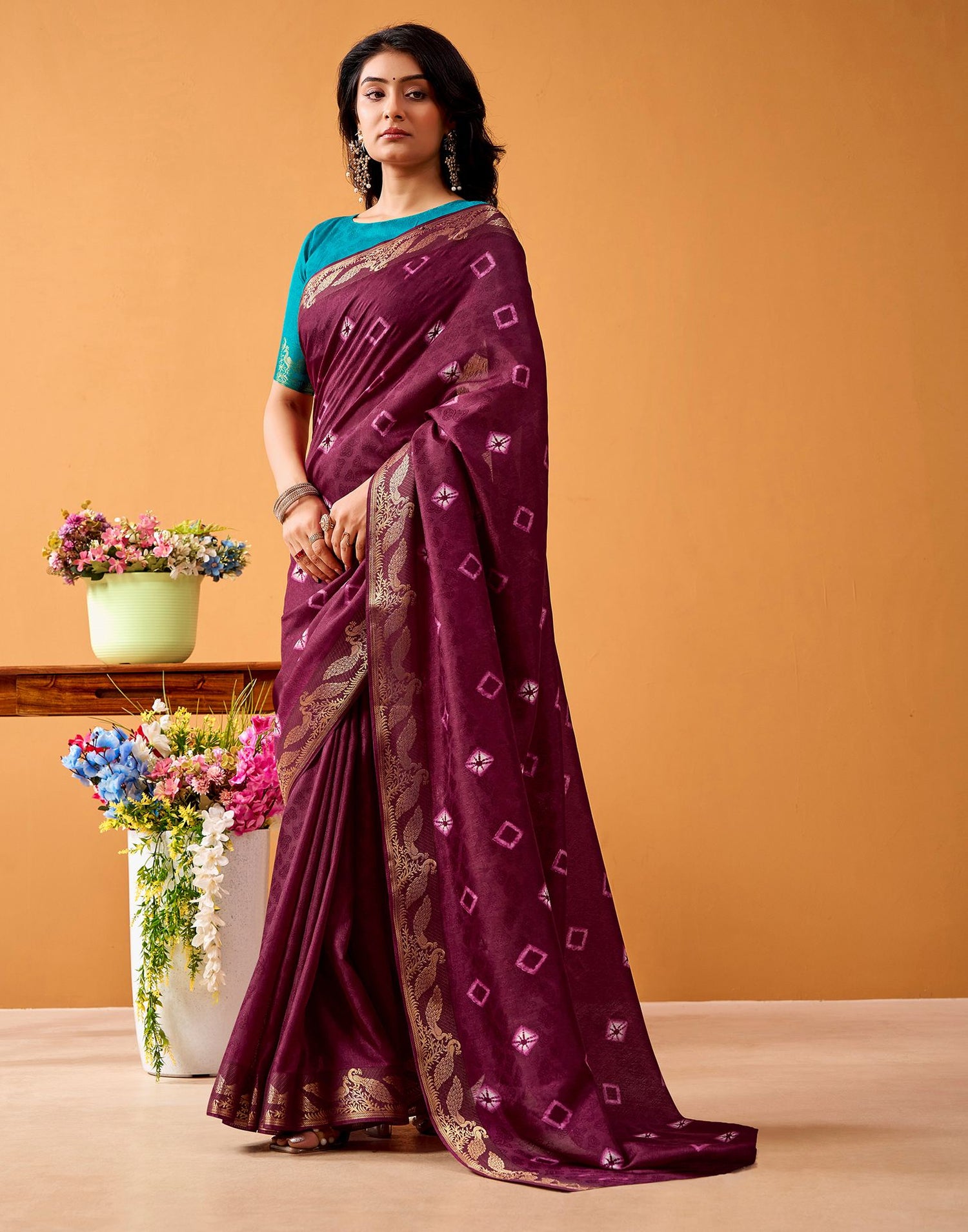 Wine Silk Woven Printed Saree