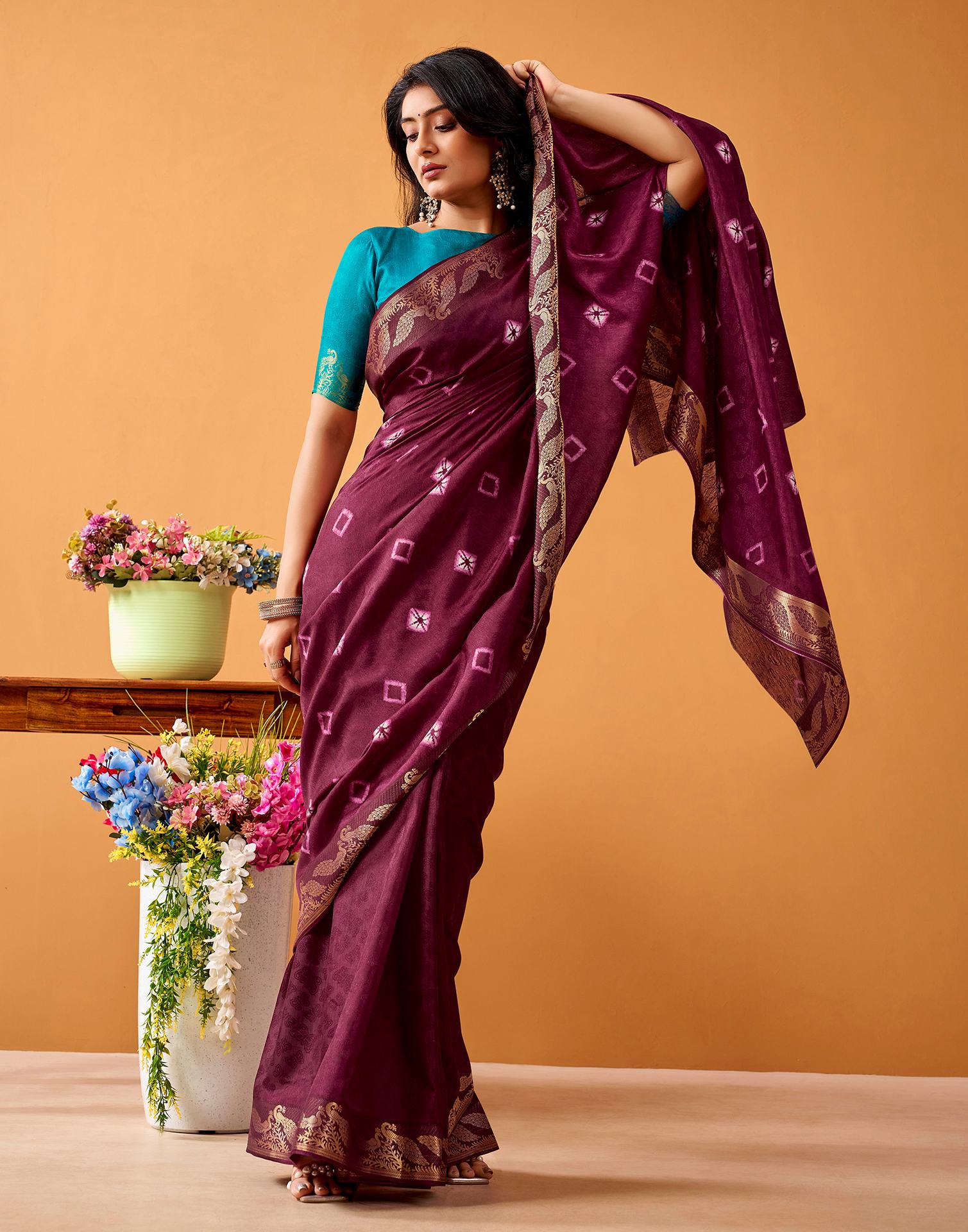Wine Silk Woven Printed Saree