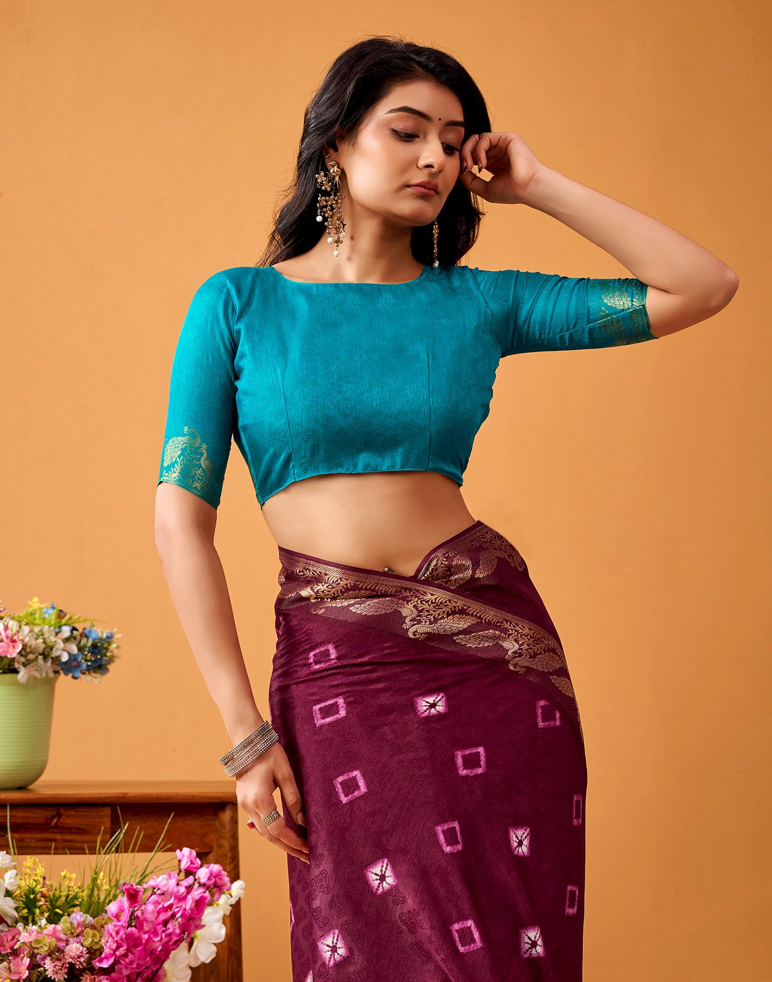 Wine Silk Woven Printed Saree