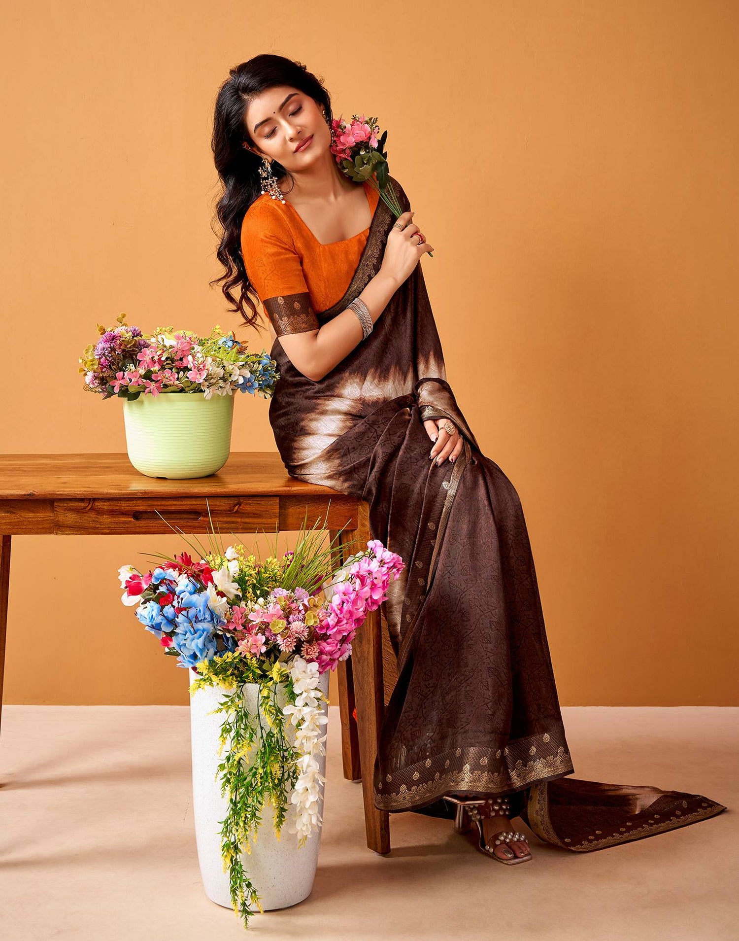 Brown Silk Woven Printed Saree