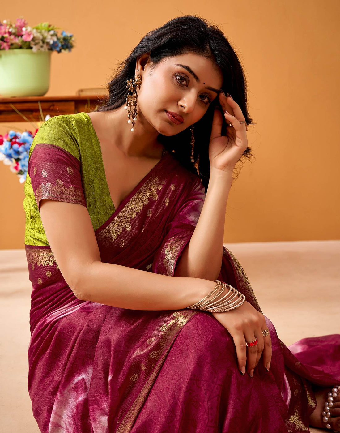 Maroon Silk Woven Printed Saree