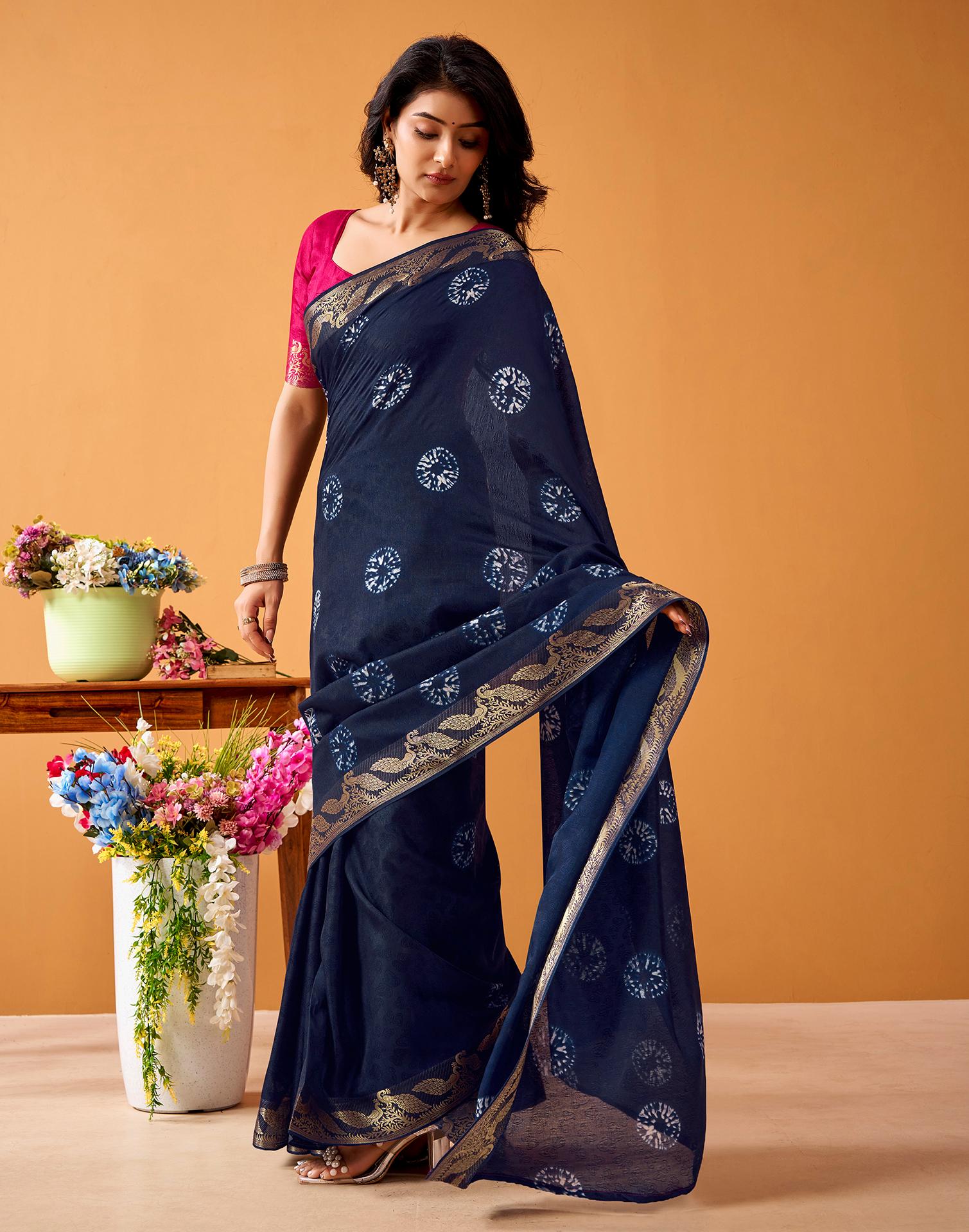 Navy Blue Silk Woven Printed Saree