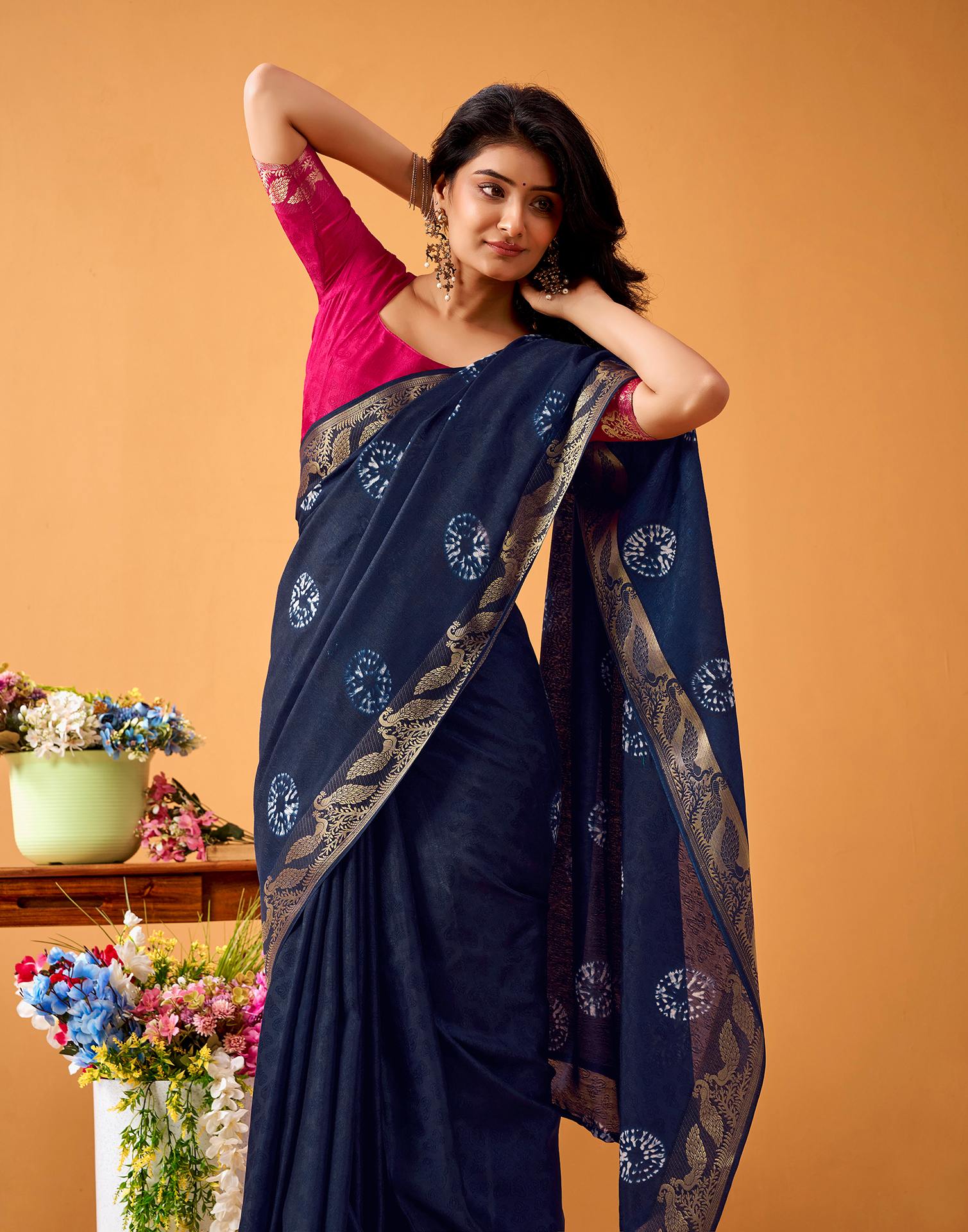Navy Blue Silk Woven Printed Saree