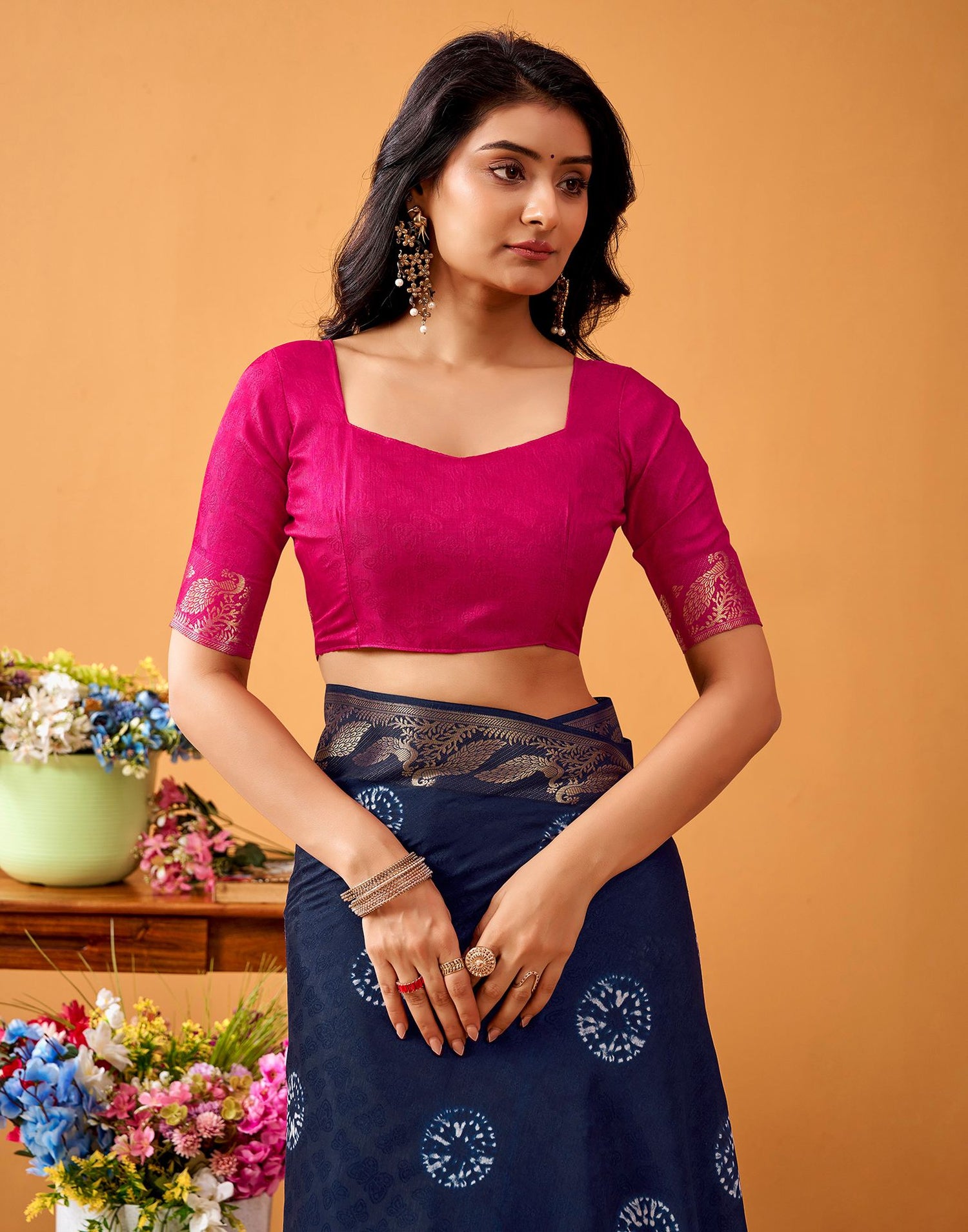 Navy Blue Silk Woven Printed Saree