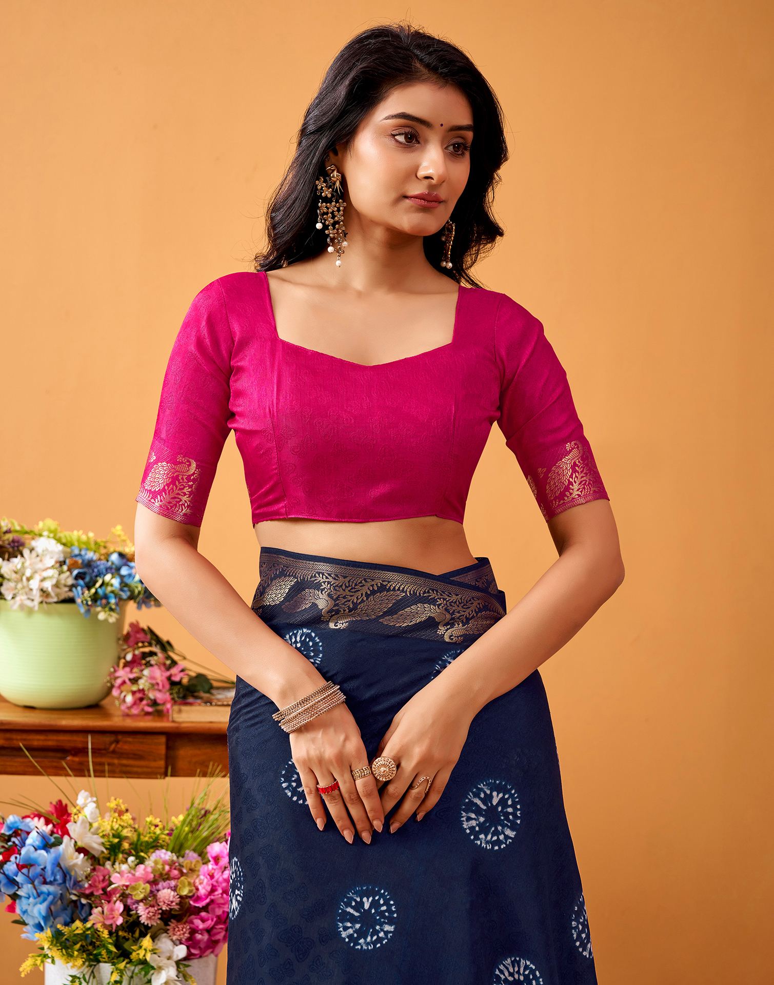 Navy Blue Silk Woven Printed Saree