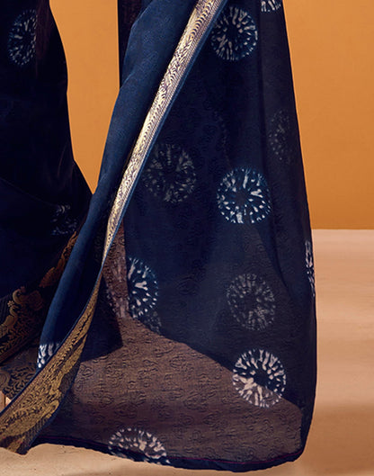 Navy Blue Silk Woven Printed Saree