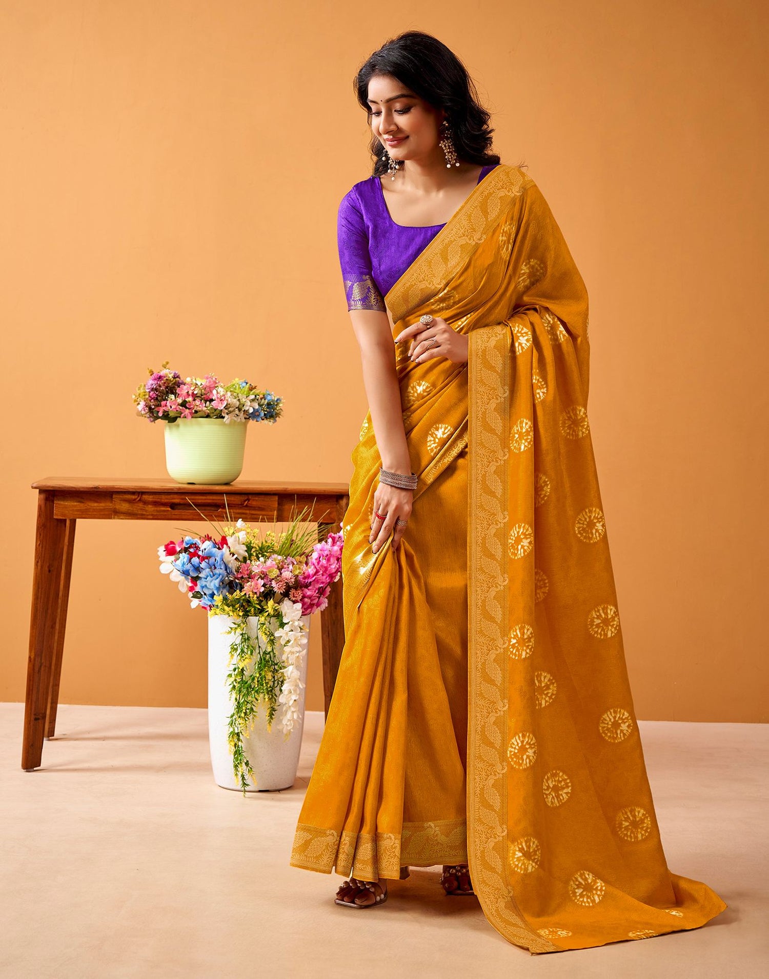 Turmeric Yellow Silk Woven Printed Saree