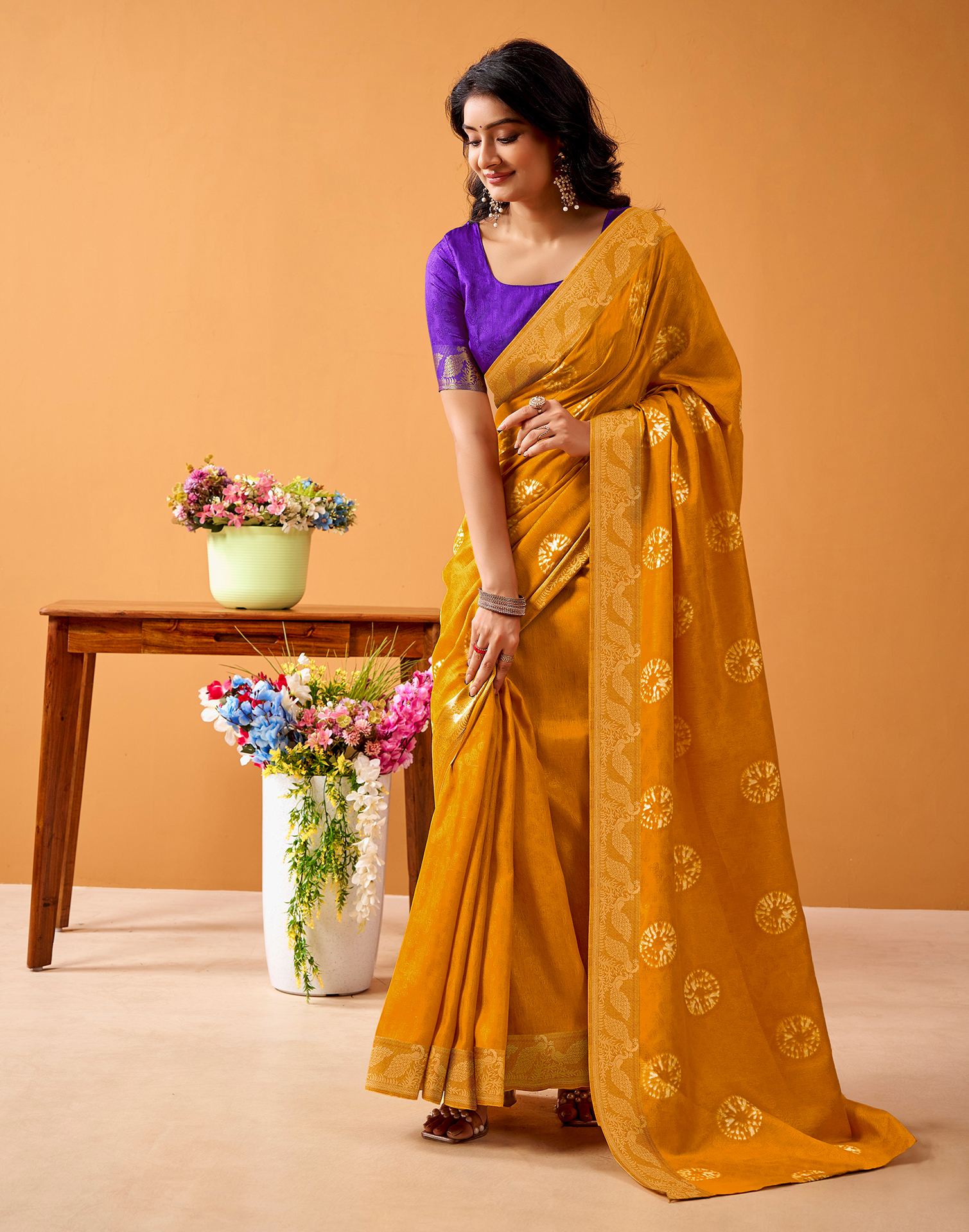 Turmeric Yellow Silk Woven Printed Saree