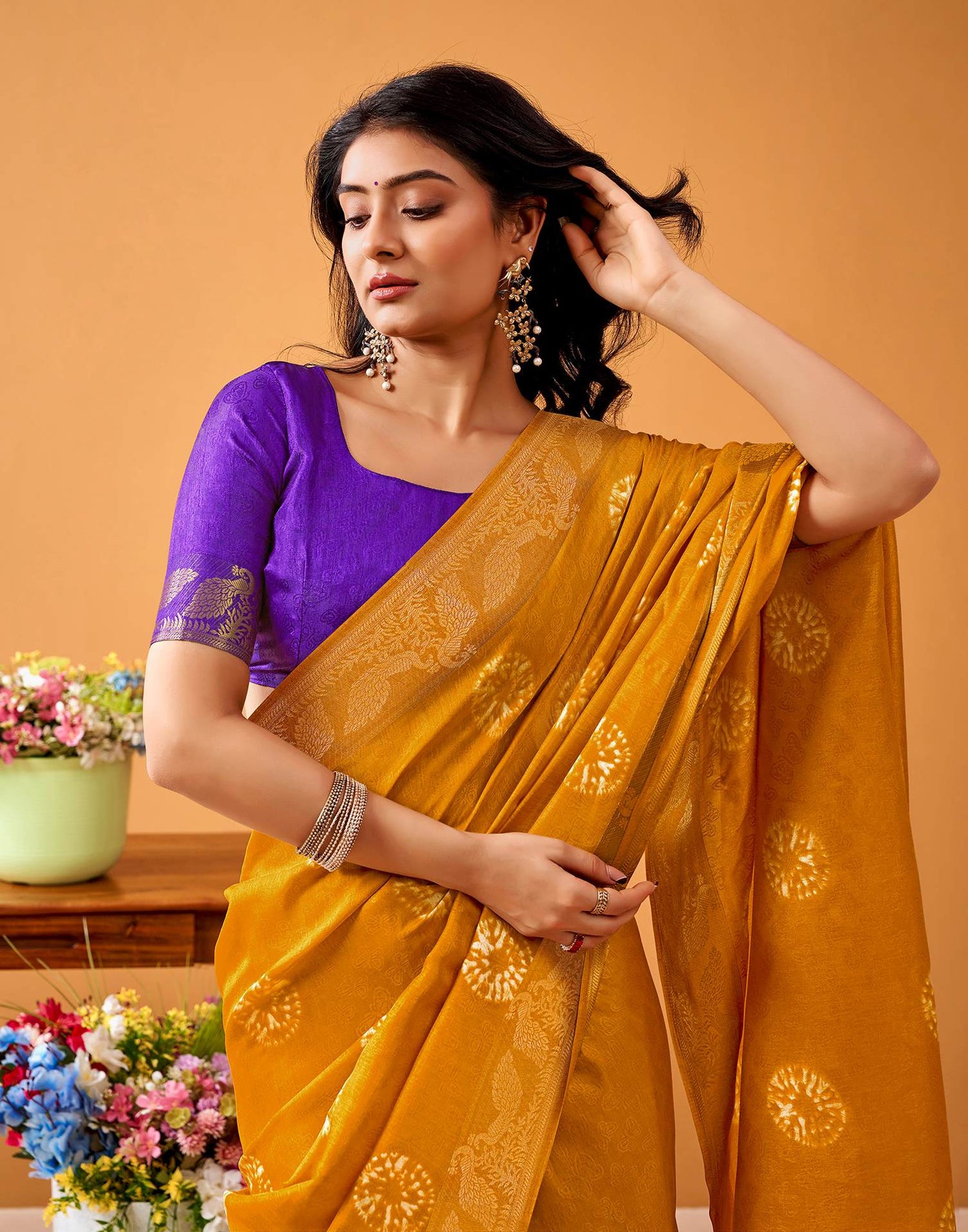 Turmeric Yellow Silk Woven Printed Saree