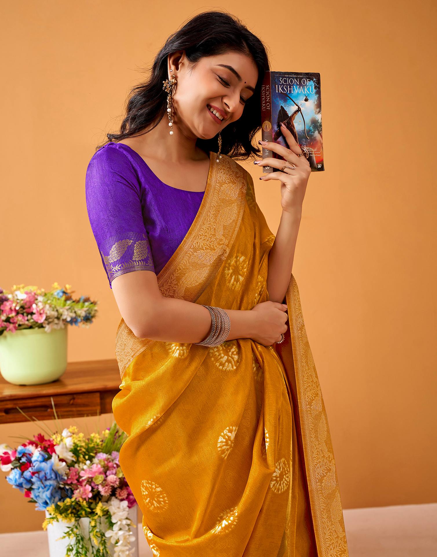 Turmeric Yellow Silk Woven Printed Saree