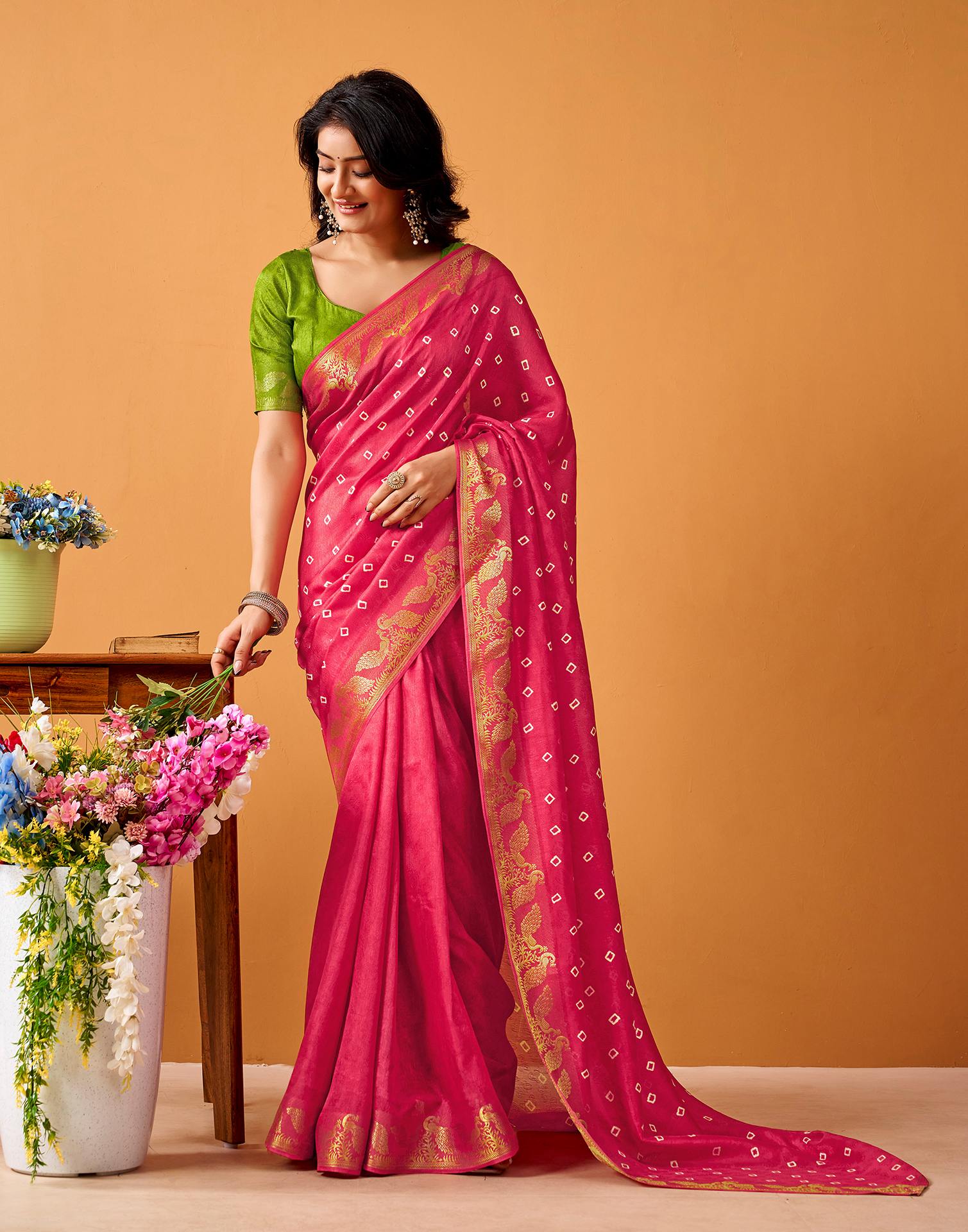 Pink Silk Woven Printed Saree