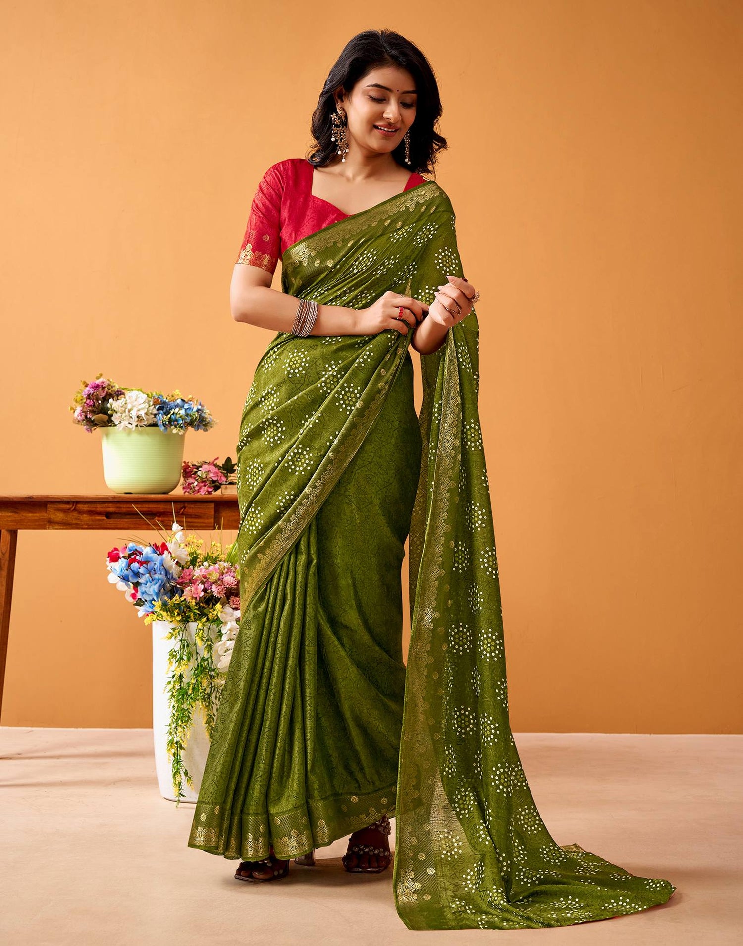 Mehandi Green Silk Woven Printed Saree