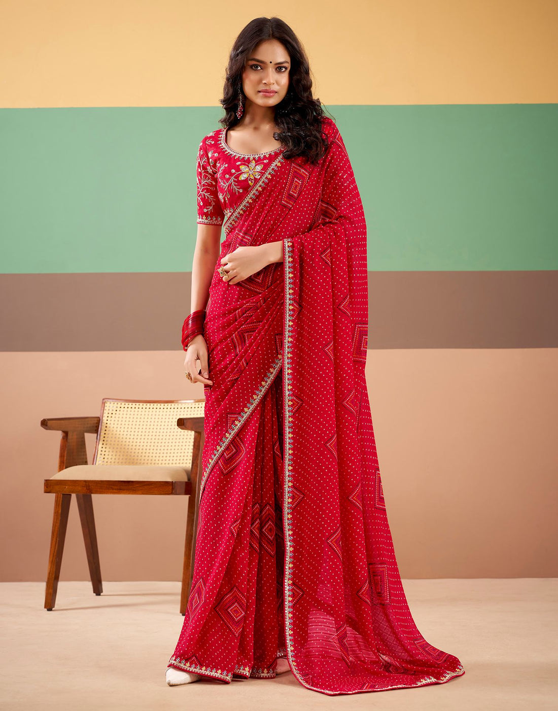 Red Georgette Printed Bandhani Saree