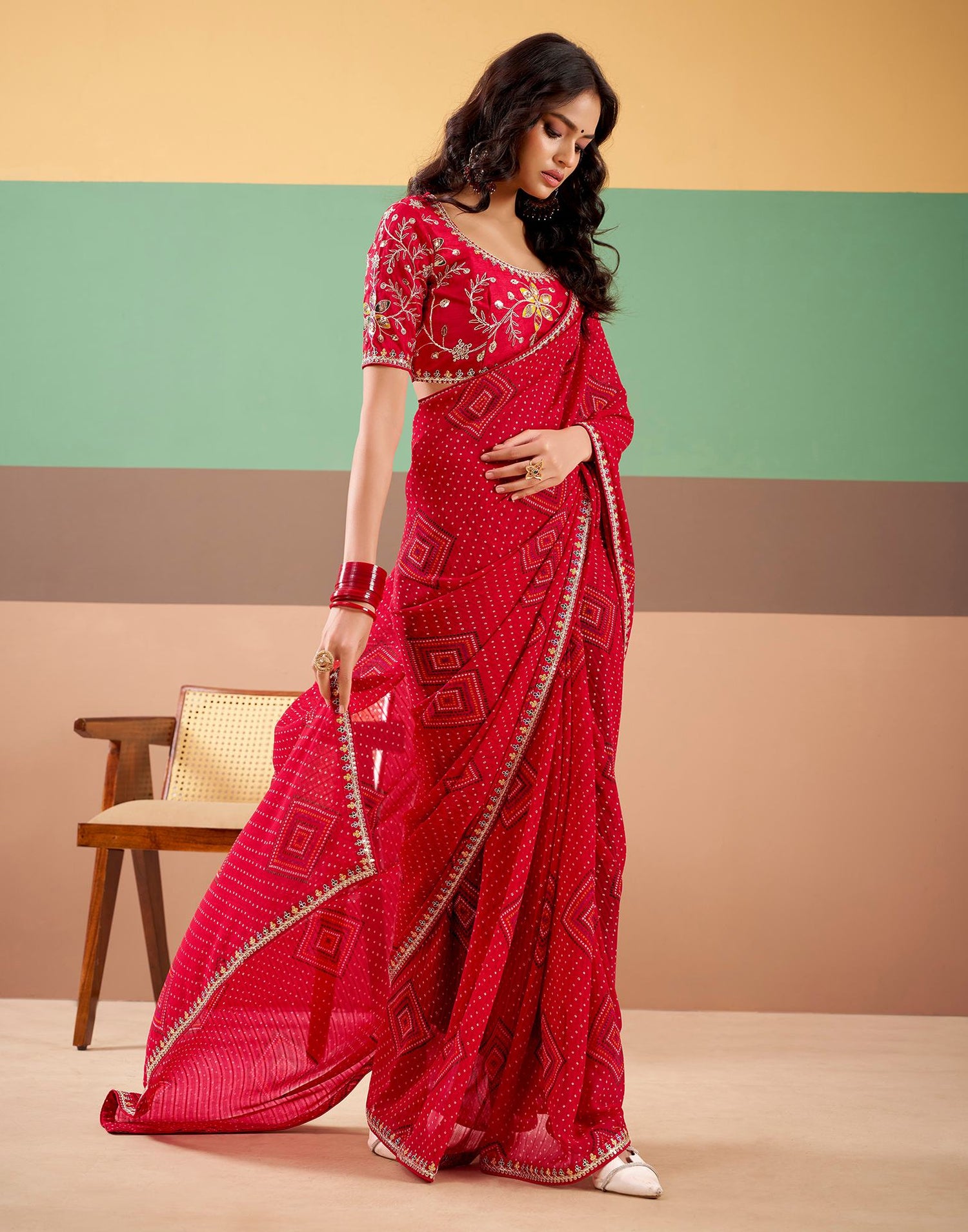 Red Georgette Printed Bandhani Saree