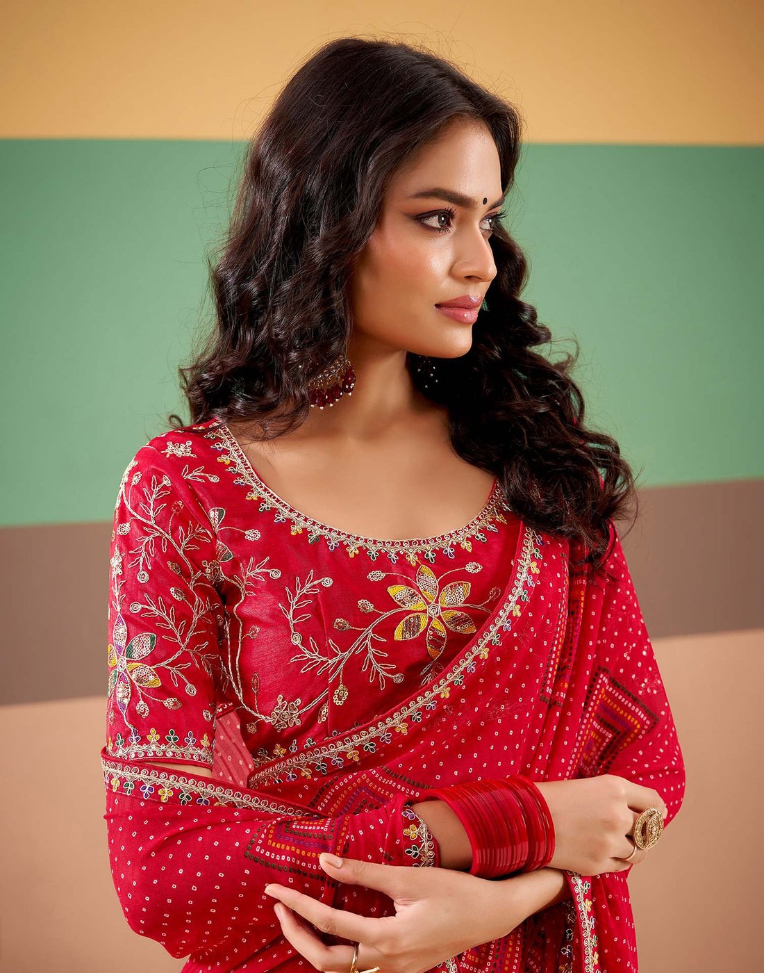 Red Georgette Printed Bandhani Saree