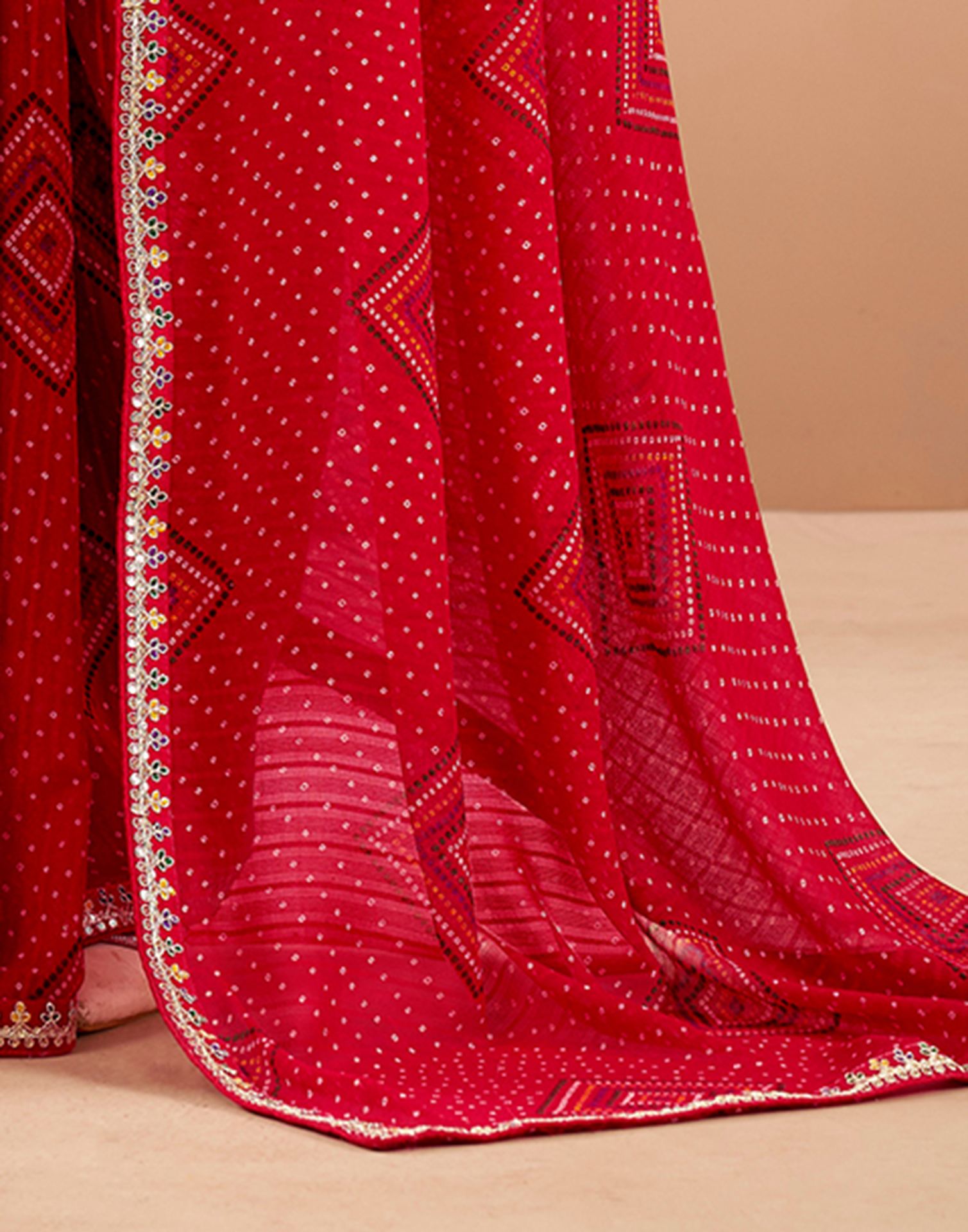 Red Georgette Printed Bandhani Saree