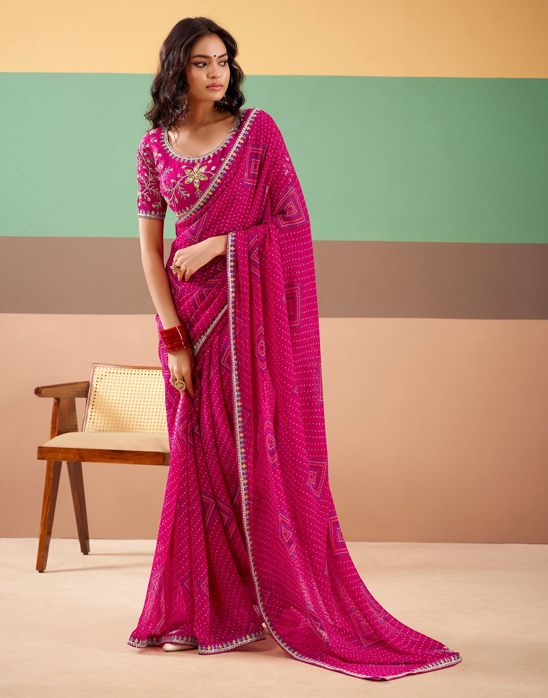 Pink Georgette Printed Bandhani Saree