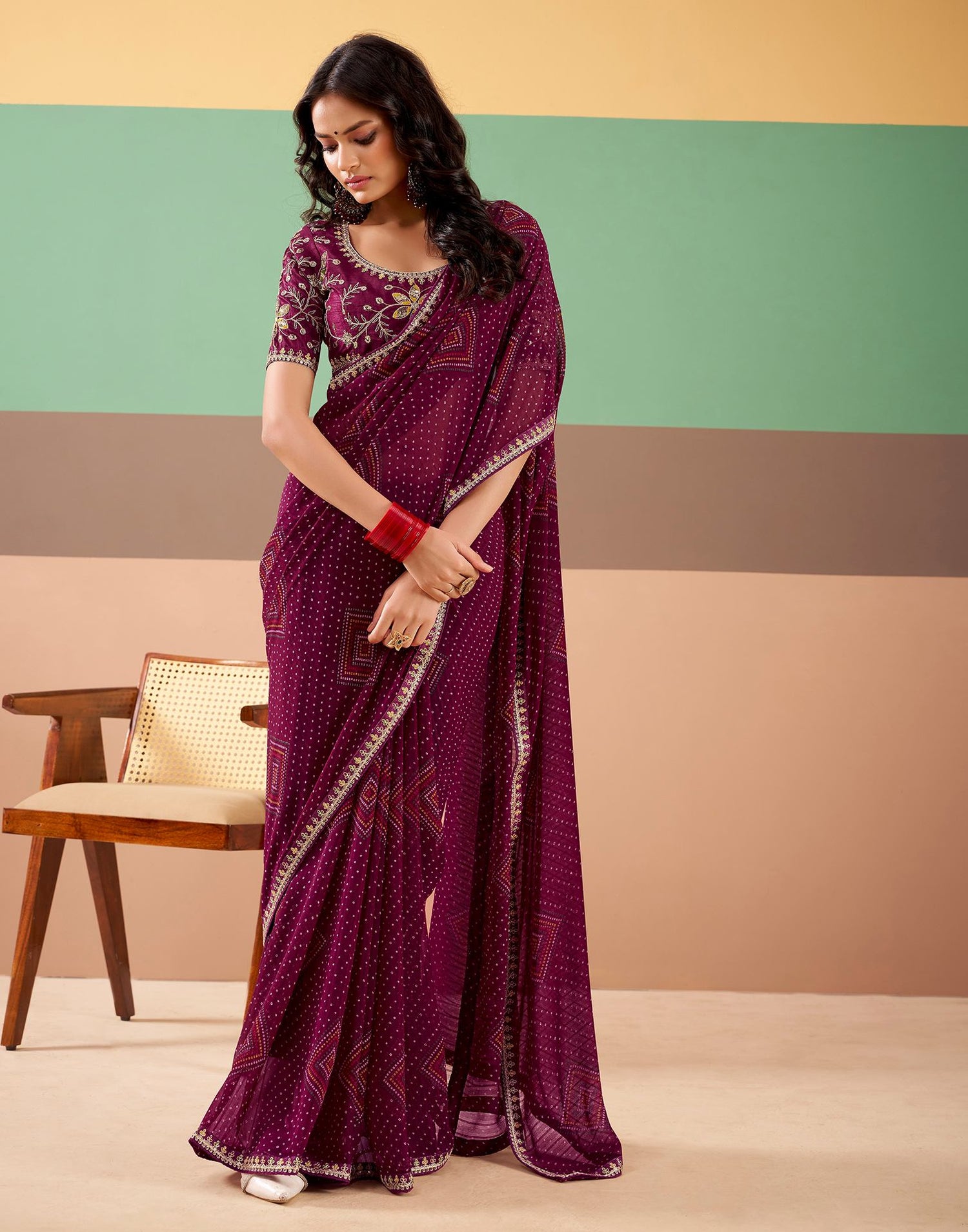 Wine Georgette Printed Bandhani Saree