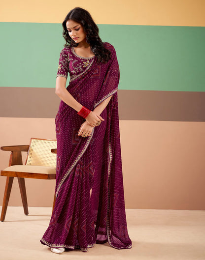 Wine Georgette Printed Bandhani Saree