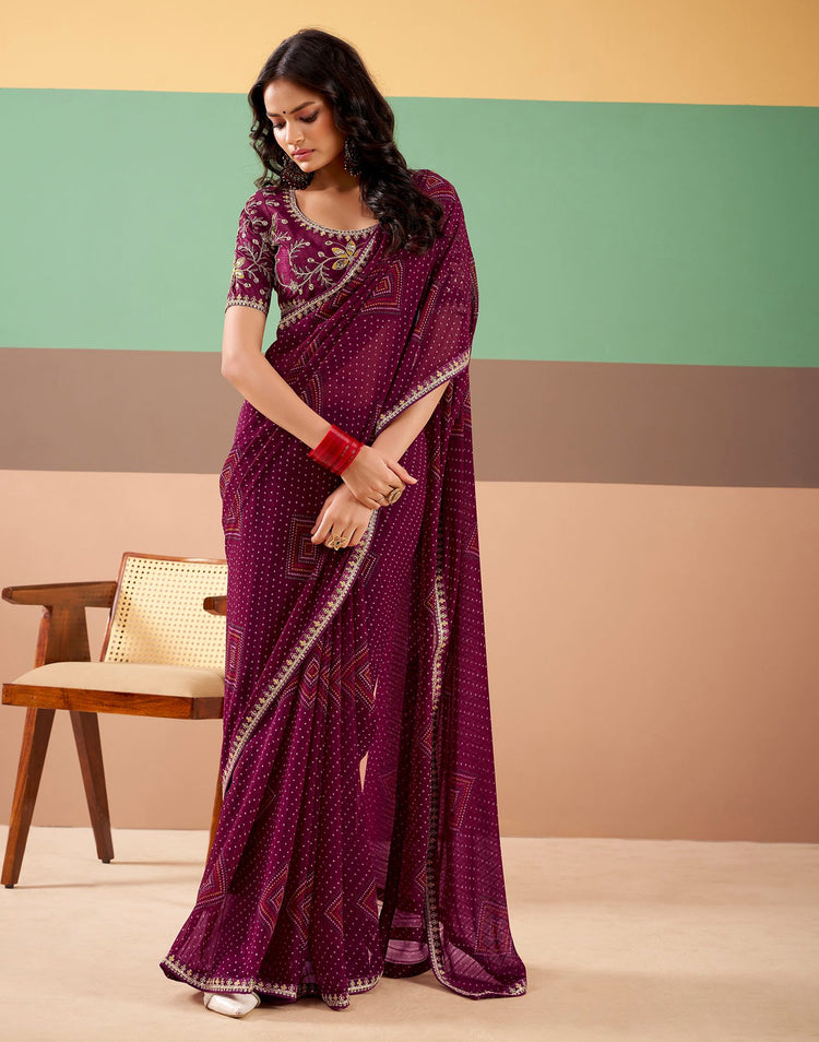 Wine Georgette Printed Bandhani Saree