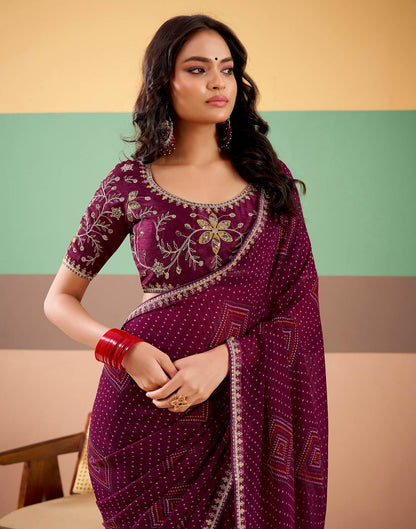 Wine Georgette Printed Bandhani Saree