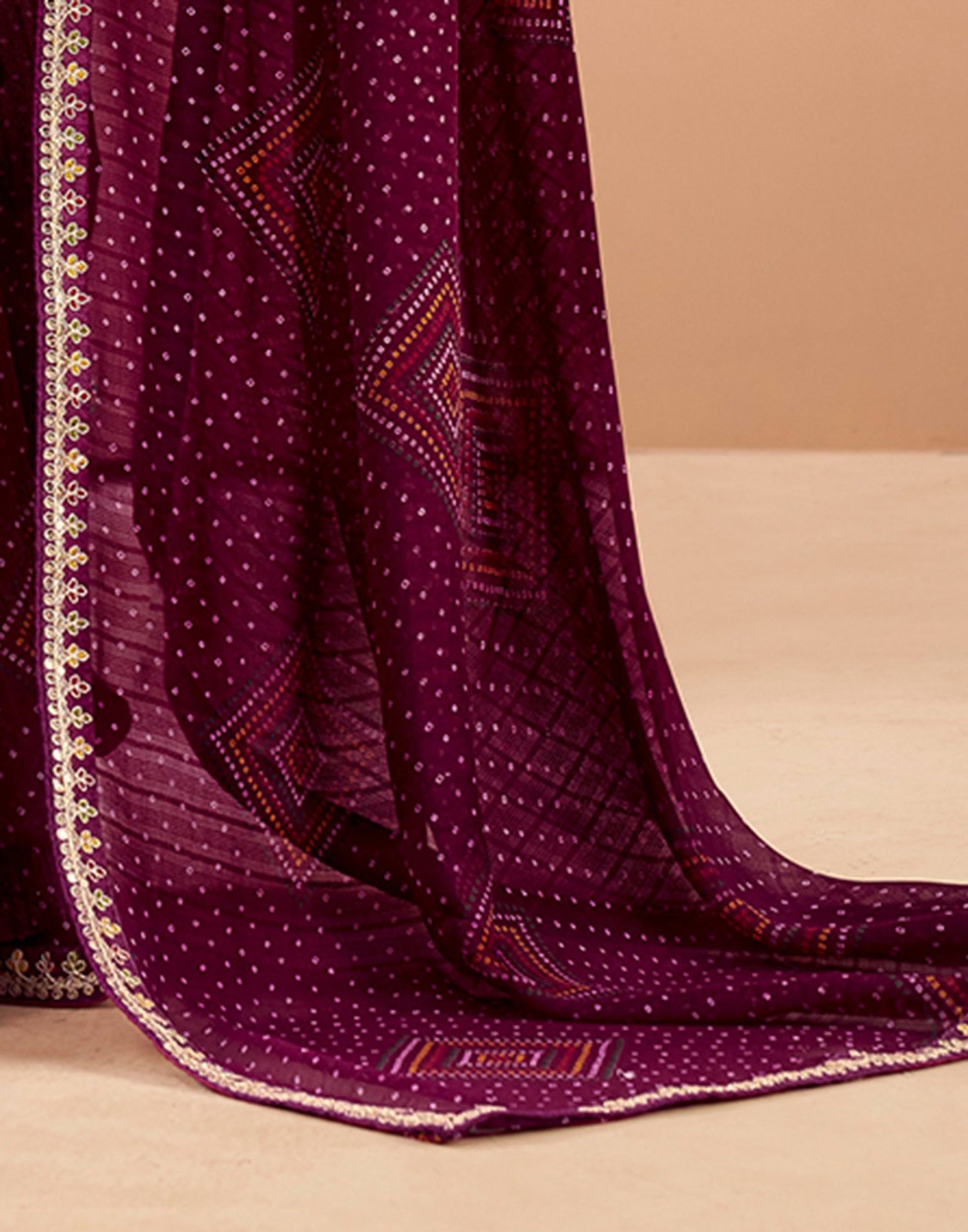 Wine Georgette Printed Bandhani Saree