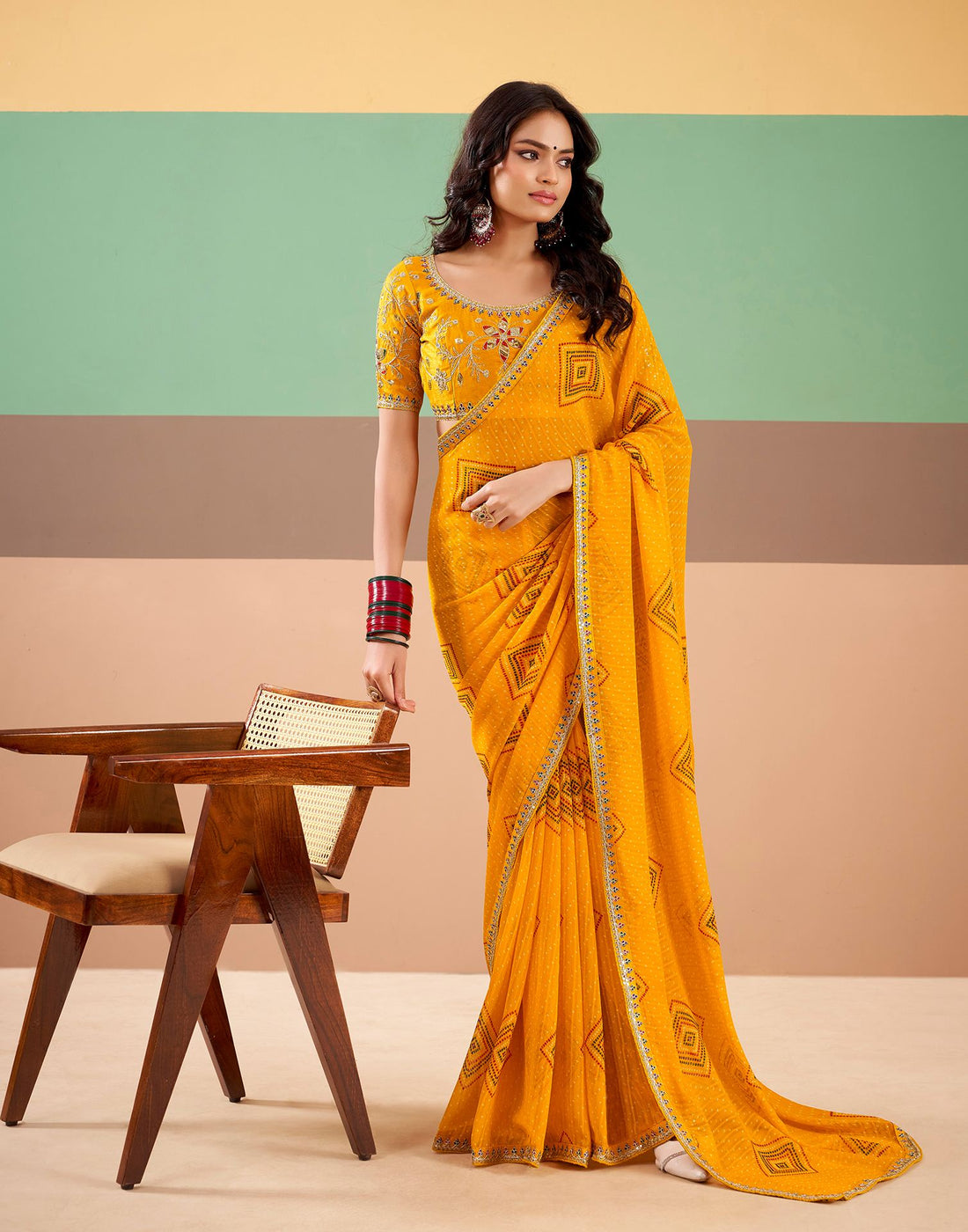Yellow Georgette Printed Bandhani Saree