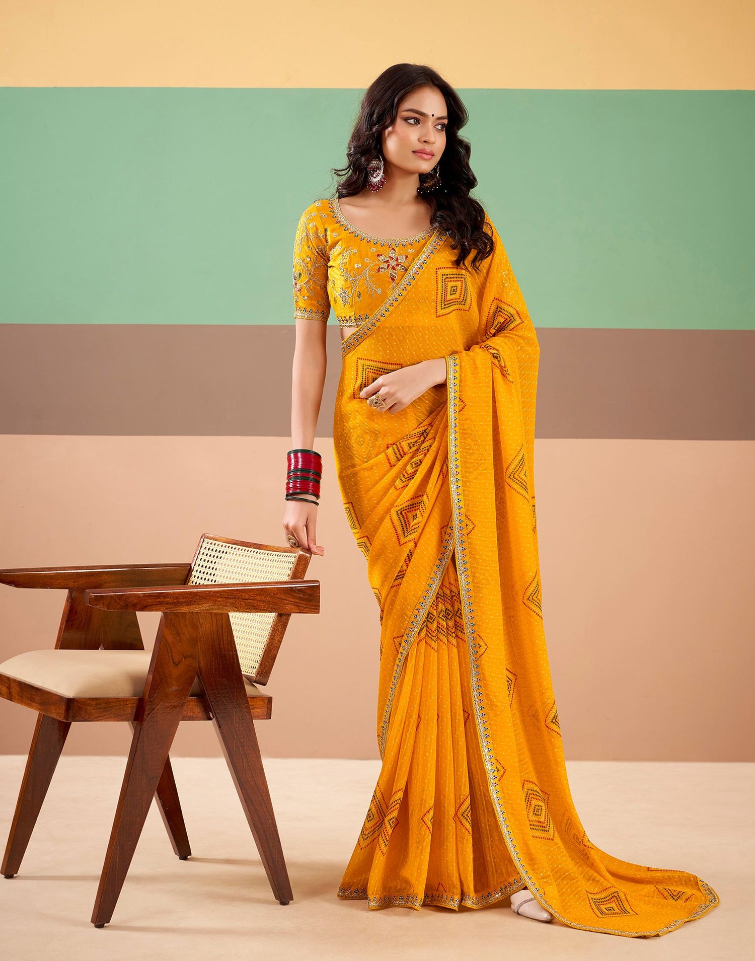 Yellow Georgette Printed Bandhani Saree