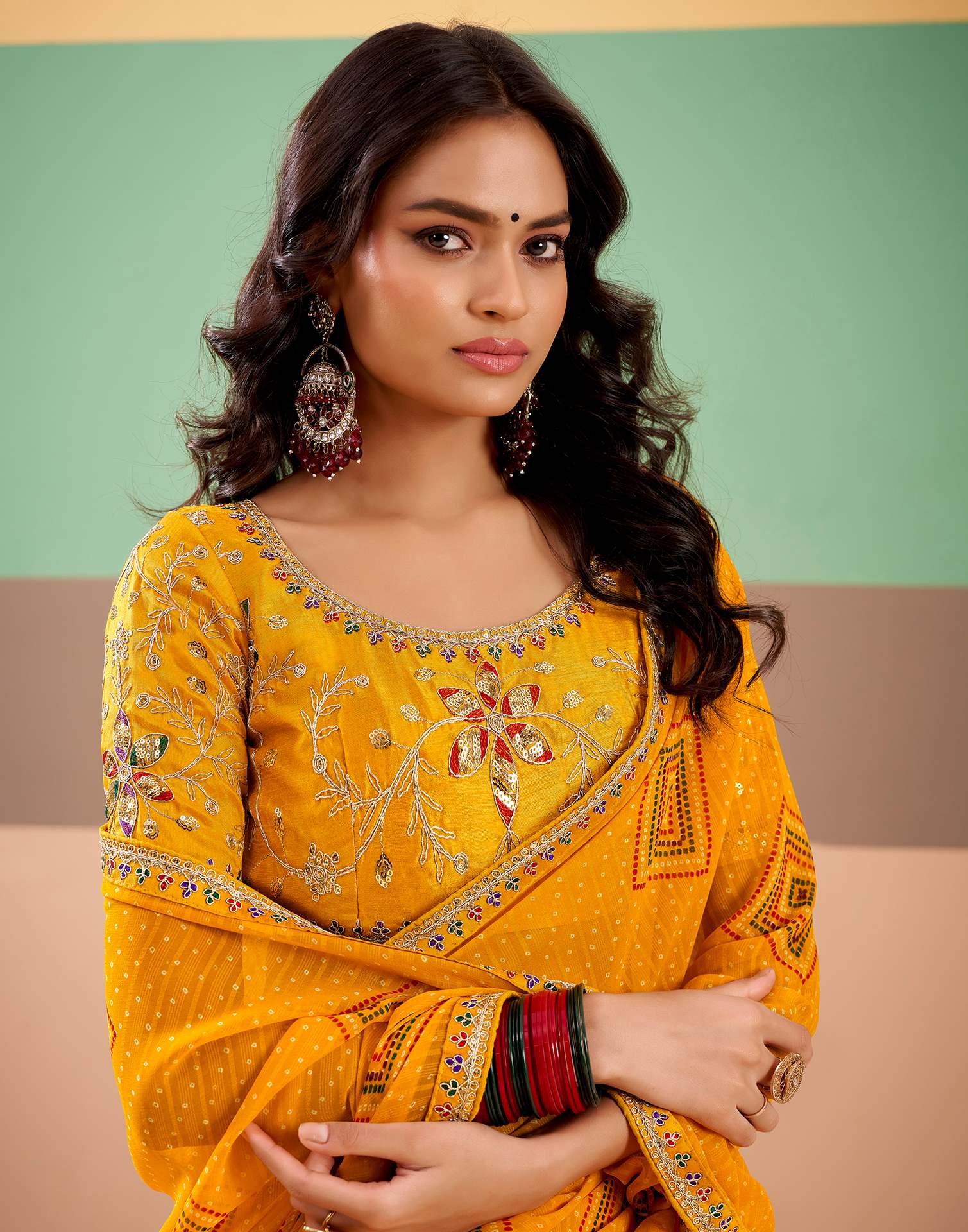 Yellow Georgette Printed Bandhani Saree