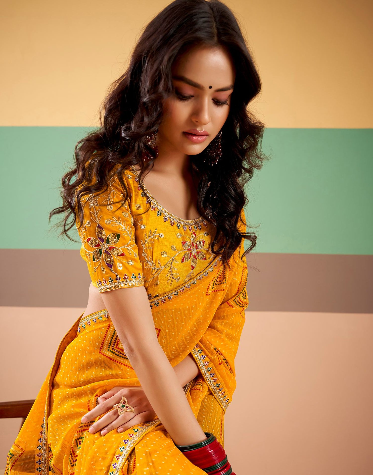 Yellow Georgette Printed Bandhani Saree