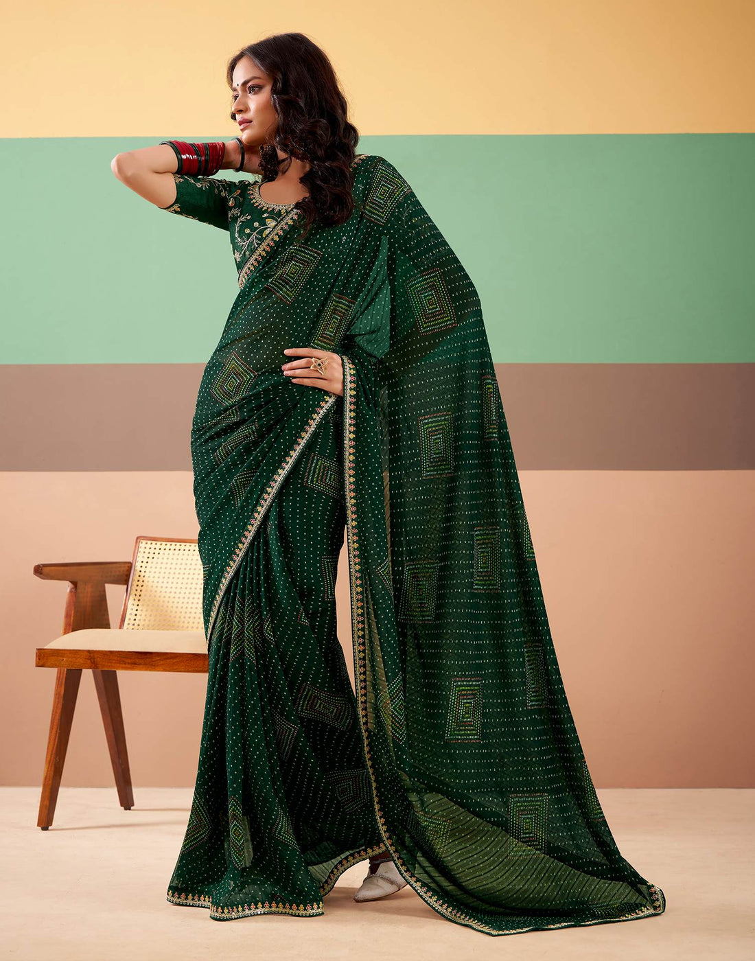 Bottle Green Georgette Printed Bandhani Saree