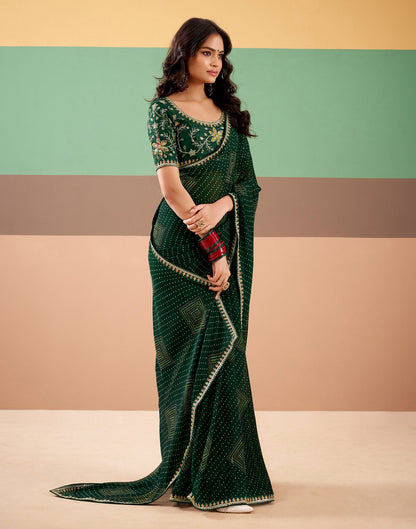 Bottle Green Georgette Printed Bandhani Saree