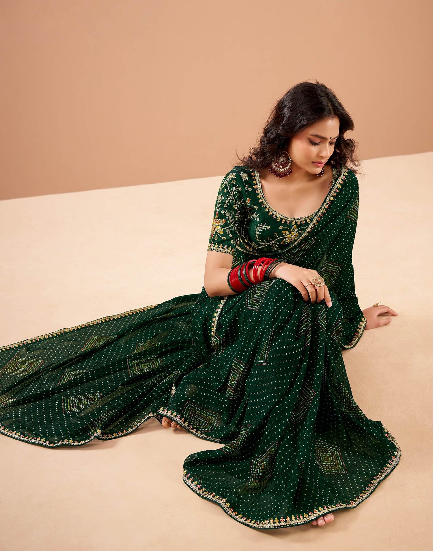 Bottle Green Georgette Printed Bandhani Saree