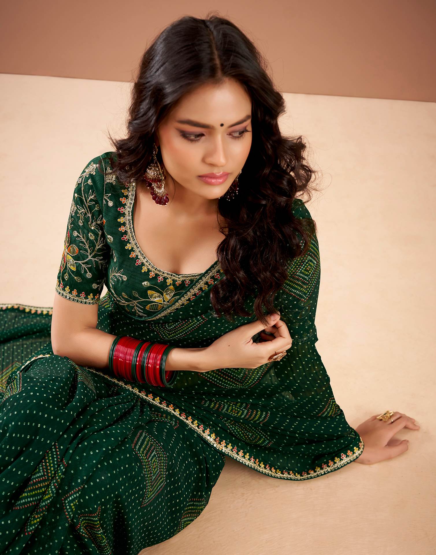 Bottle Green Georgette Printed Bandhani Saree