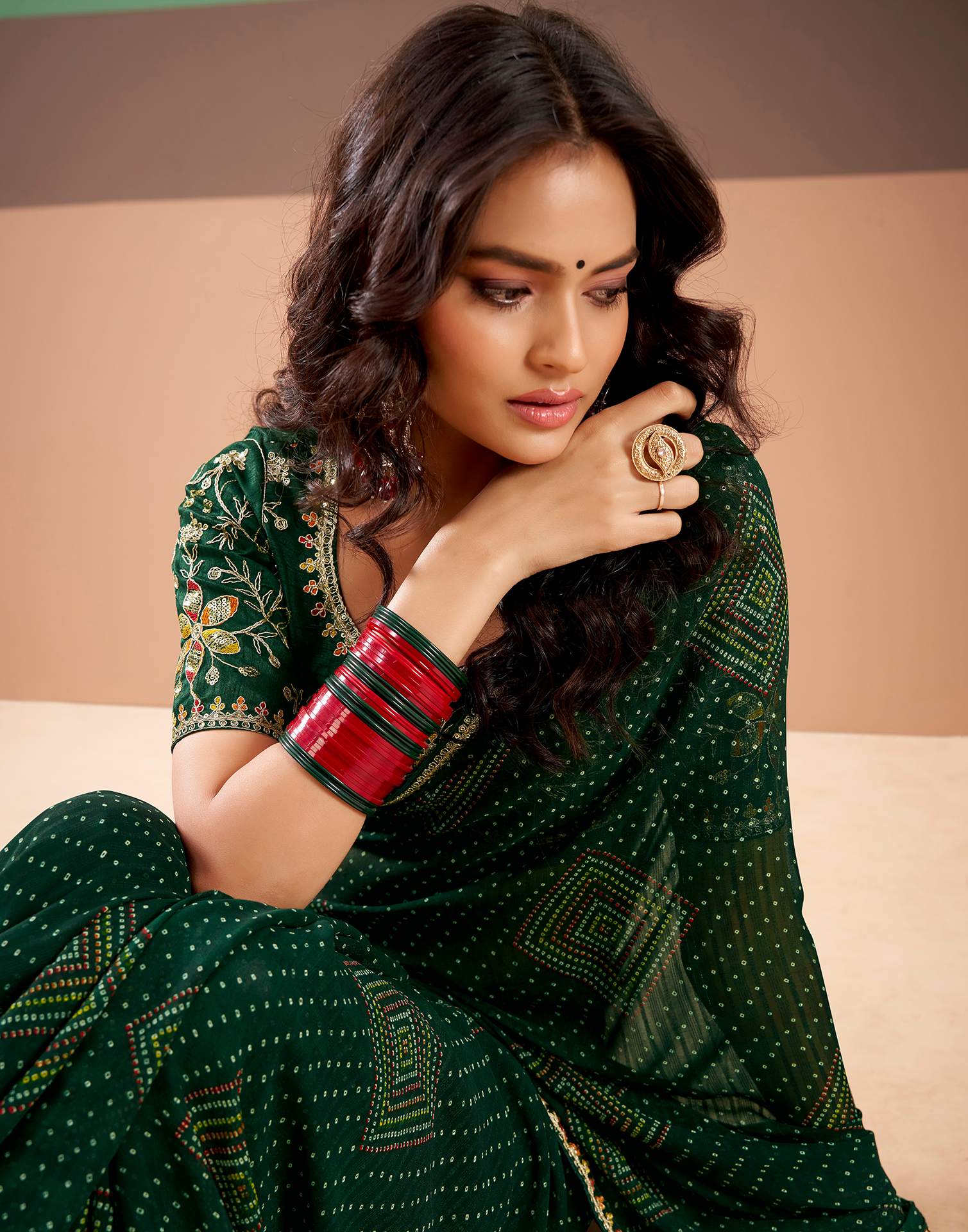 Bottle Green Georgette Printed Bandhani Saree