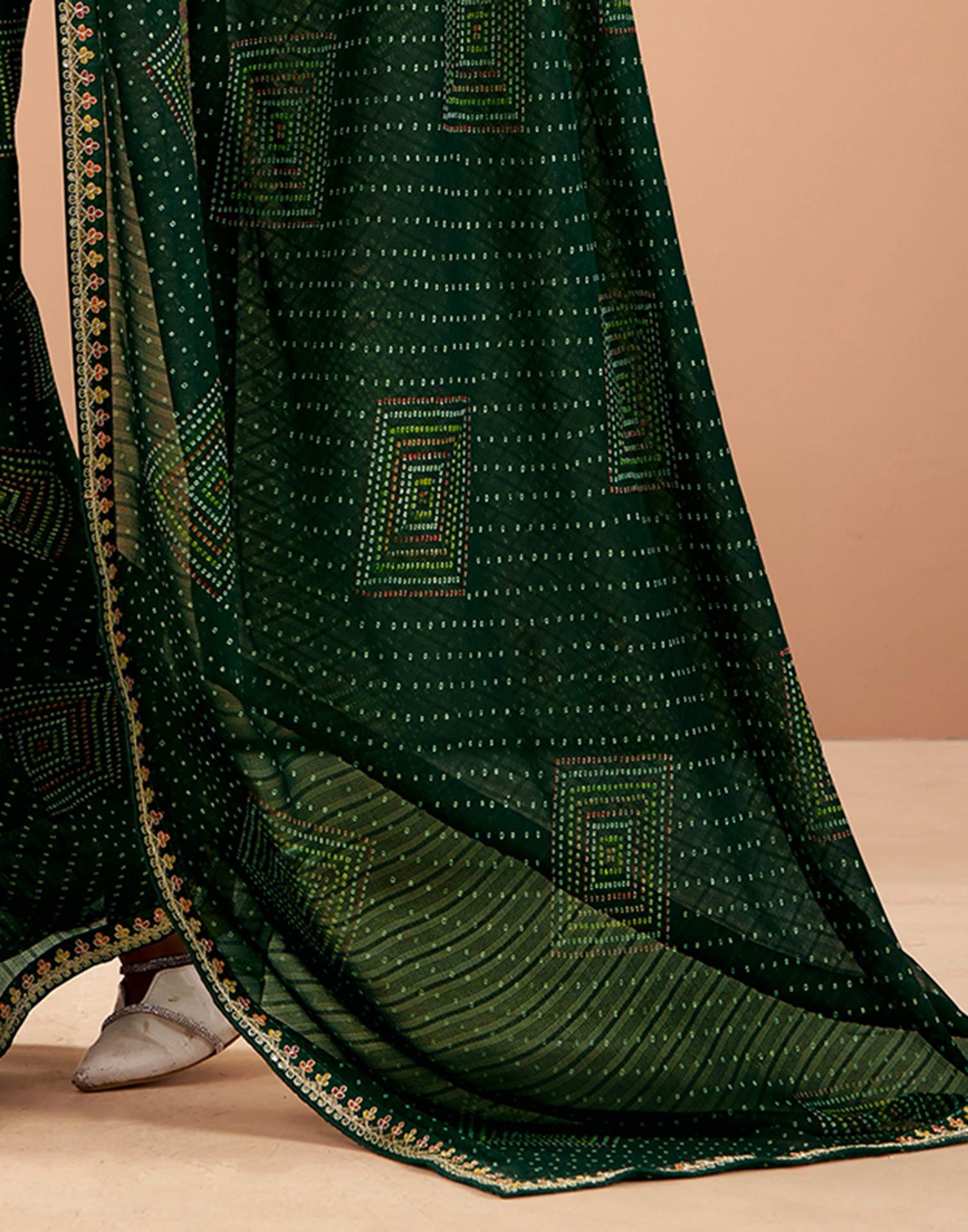 Bottle Green Georgette Printed Bandhani Saree