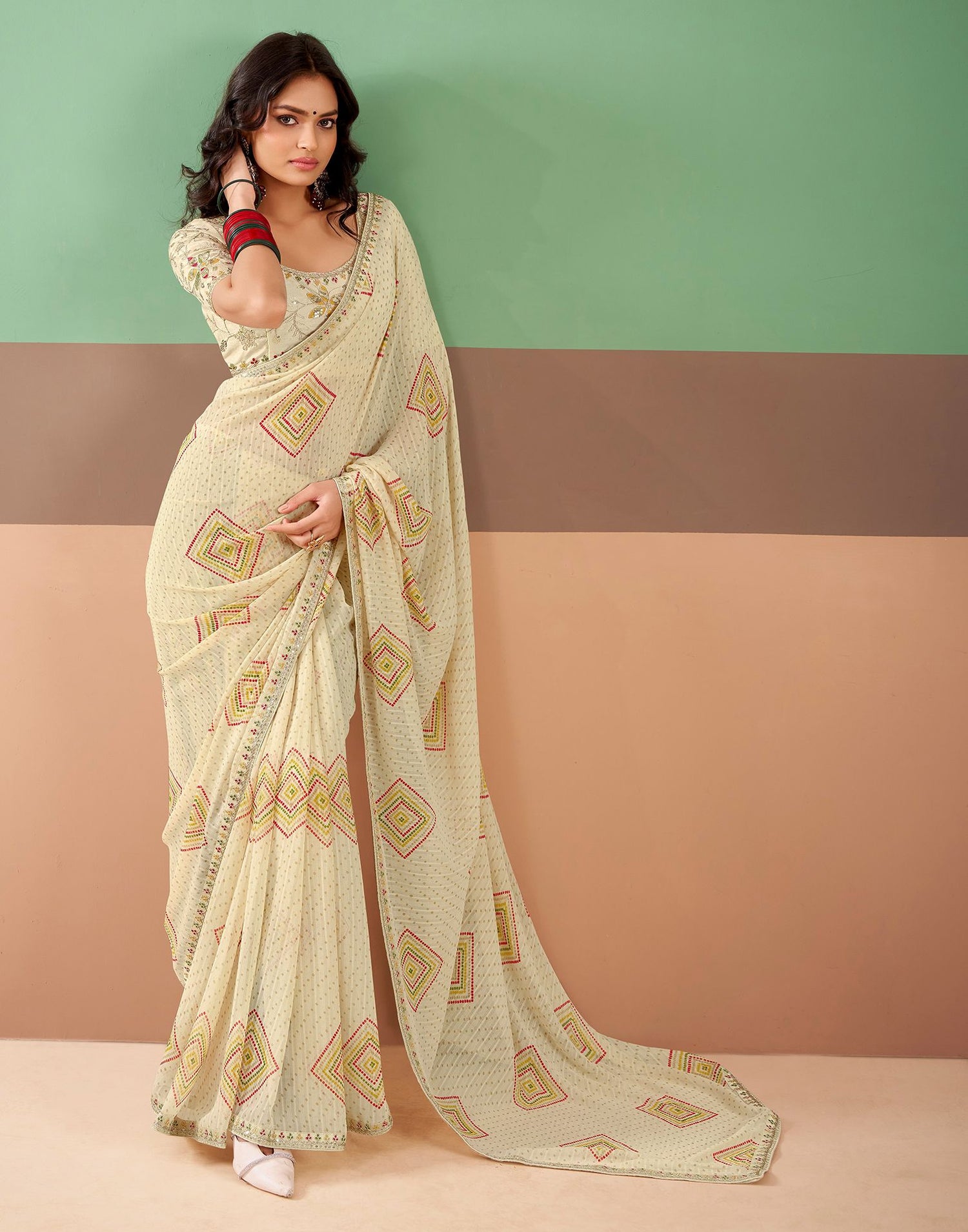 Beige Georgette Printed Bandhani Saree