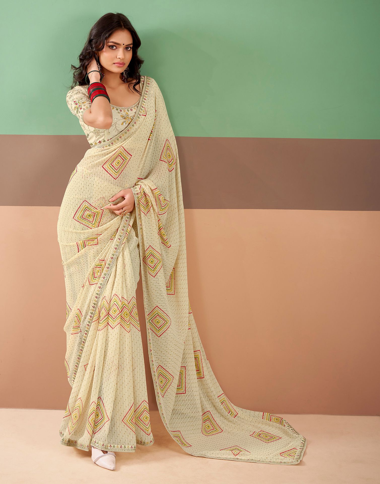 Beige Georgette Printed Bandhani Saree