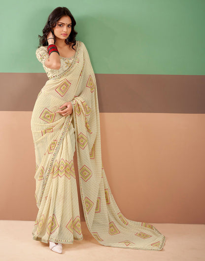 Beige Georgette Printed Bandhani Saree
